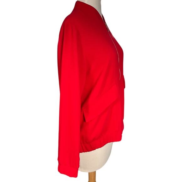 Chico's Clean Crepe Bomber Jacket Lightweight Red Polka Dot Lining Size 1 Zipper - Picture 5 of 11
